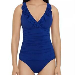 Lauren Ralph Lauren One Piece Swimsuit Blue Ruffles Neck Underwire $140